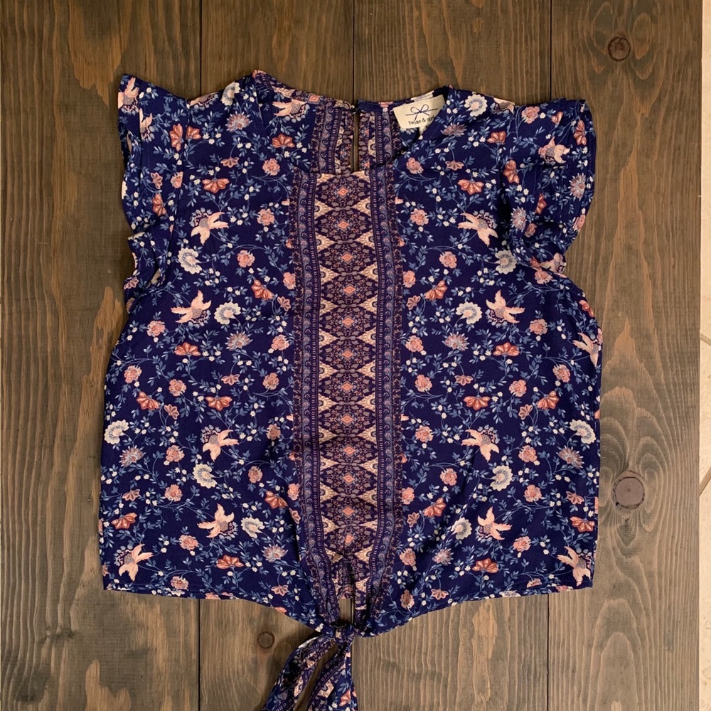 Twine & String Front Tie Patterned Blouse